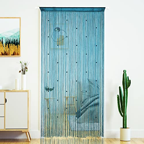 YaoYue Beaded Curtain Door String Curtains for Doorway Tassels Beads Hanging Fringe Hippie Room Divider Window Hallway Entrance Wall Closet Bedroom Privacy Decor (Lake Blue, 100×200cm)