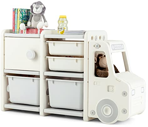 Maxmass Kids Toy Storage Unit, Children Toy Box Organizer with Removable Bins, Door Cabinet, Toddler Storage Cabinet for Living Room Playroom Bedroom (Beige + Grey, Car Shape: 112 x 35 x 66 cm)