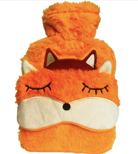 Luxury Hot Water Bottle with Cover UK Plush | Small Animal Fox Cute Design for feet Neck and Stomach Pain Relief | with Fur Cover and Eye mask Gift Set