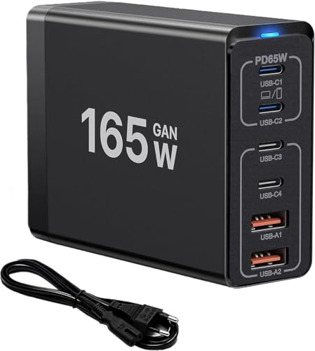 Cargador USB C, Cargador Rapido【4USB-C + 2USB-A】, estación de Carga de 6 Puertos Compatible con iPhone/Samsung/Google/Xiaomi/portátil/Tablet y Otros Dispositivos USB