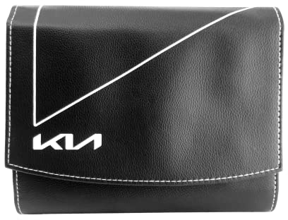 Kia Porte Document en Simili Cuir de Couleur Noire, Coutures de Couleur Blanche et Logo imprimé en Couleur Blanche
