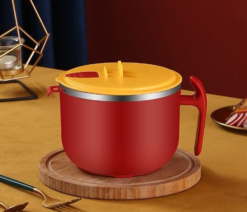 RZXBB Instant-Nudeln Schüssel,Ramen Bowl,1200ml Suppentassen,Edelstahl Schüssel mit Deckel,Bento Box Tragbare Auslaufsicher Ramen Schüssel,Kimchi Ramen mit Griff Wärmeisolierende Ramen-Tasse (Rot)