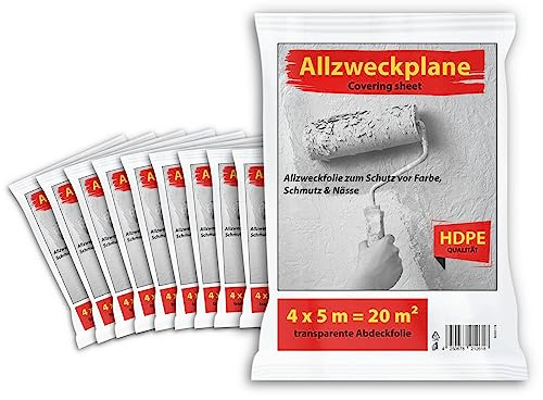 10 Stück Hypafol Abdeckfolie transparent I Malerfolie 4x5m aus hochwertigem HDPE zum Schutz vor Farbe, Schmutz&Nässe I robuste Baufolie extra stark für Innen & Außenbereich I Allzweck Staubschutzfolie
