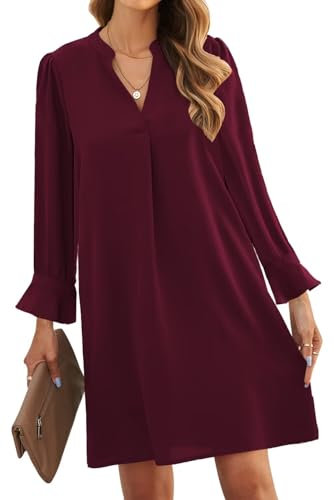 ANFTFH 2025 Casual Kleid Frauen Frühling Herbst Tunika Kleid V-Ausschnitt Casual Lose Flowy Swing Shift Kleid weihnachtskleider Damen Weinrot XXL