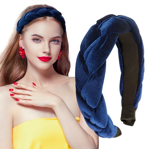 BETESSIN Samt Haarreif Dirndl Geflochten Stirnband Breit Haarband Vintage Gepolsterte Haarreifen Trachten Haarschmuck Rockabilly Kopfband für Damen und Mädchen Dunkelblau