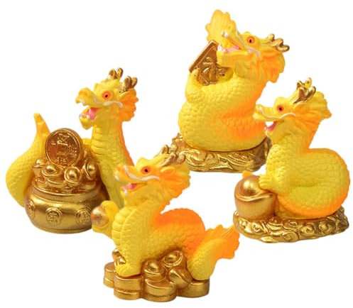 SAFIGLE 4Stücke Mini Drache Figuren Resin Chinesisches Neujahr Drachen Dekoration Vivid Cartoon Drachen für Tisch Garten-deko Zodiac Drache für Glück und