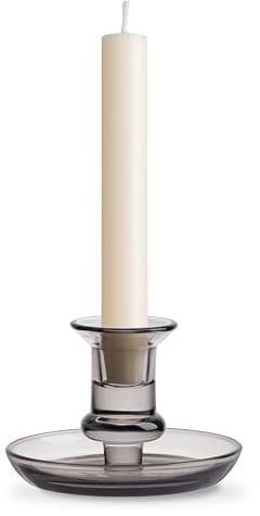 Torre & Tagus Delia Glass Candle Holder Taper Candle Holder with Candle Drip Protector, Gray Candlestick Holder with Round Candle Drip Catcher for Standard Candle Sticks for Table Centerpiece (Smoke)