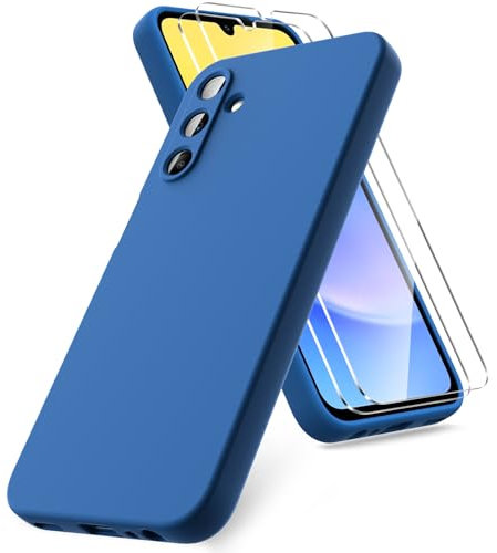 Vansdon Coque Compatible avec Samsung Galaxy A15 4G/5G, 2 Film de Protection en Verre trempé, Housse Souple en TPU en Silicone Liquide, Housse en Caoutchouc Antichoc - Bleu