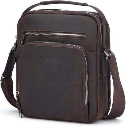 BISON DENIM Herren Taschen Echtleder Umhängetasche Retro Messenger Casual Business Handtasche Umhängetaschen Schultasche Schwarz for Herren