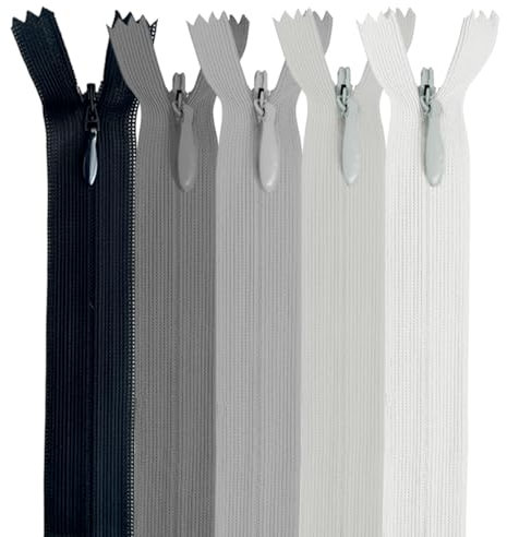 MARARDI [Packung 5] Unsichtbaren Reißverschlüssen [Grau] Nylon [25 cm] Nähen und Basteln zum Kleidung Taschen Stoff für Nähmaschine Patchwork Plastik Baumwolle Zipper mit Metallreißverschluss