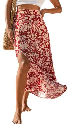 CUPSHE Falda de mujer con estampado floral, falda maxi, cintura alta, abertura lateral, línea A, falda de verano elegante para la playa con cremallera, rojo, L
