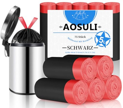 AOSULI 5L Müllbeutel Schwarz Müllsäcke mit zugband Kleine Mülltüten für Badezimmer,75 Stück Müllbeutel Kosmetikeimer