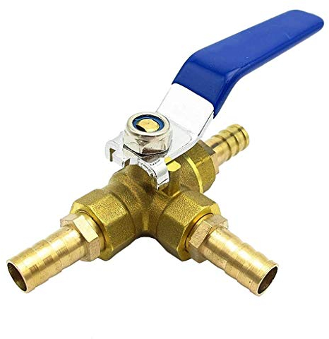 1 x T-Port-Kugelhahn, 4 mm, 6 mm, 8 mm, 10 mm, 12 mm, 14 mm, 16 mm, 19 mm, Schlauchstutzen, Vollanschluss, 3-Wege-Messing-Kugelhahn-Anschluss für Wasser, Öl, Luft, Gas (Farbe: Schlauchstutzen, Größe: