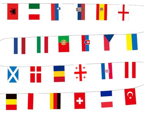 ZXUPOI 24 Länder Fahnen Wimpelkette für Internationale Sportereignisse, 24 Länder Doppelseitige Stoff Girlande für Eurovision Euro Haus Bar Party Deko (14x21cm-9-10m, 1 Stück)