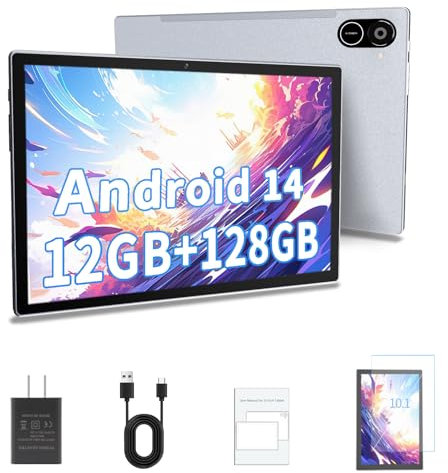 Android Tablet, 10.1-inch Android 14 Tablet, Octa-core 12G RAM+128G ROM, Bluetooth 5.2/GPS/1280 * 800 IPS Screen/2MP+5MP Camera, Ultra light tablet, Commercial/Home/Gift/Teaching/Office,Wi-Fi