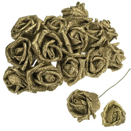 sourcing map 50pcs Glitters Roses Artificial Flower, Fake Roses with Stems Foam Real Touch Faux Roses for Wedding Party Office Shower Home Decoration, Gold
