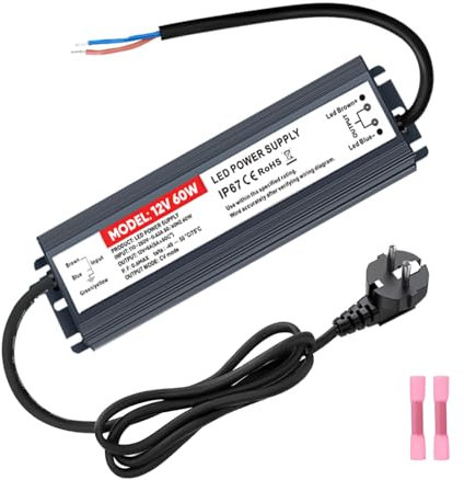 60W LED Trafo 12V Netzteil 5A, Wasserdicht IP67 230v auf 12v LED Netzteil mit EU Stecker, L ED Driver Transformator für Innen- und Außenbereich
