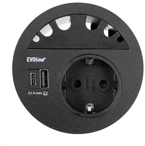 EVOline Circle80 Einbausteckdose mit USB-Doppelcharger A/C, Kabelführung, schwarz
