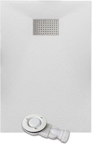 Thermopanel SMC White Shower Trays Base Slate Stone Effect Textured Non Slip with Low Profile Waste and Stainless Steel Cover - 1400 x 800mm