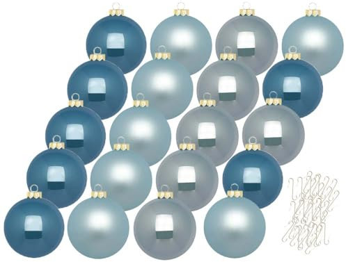 Inge Glas Weihnachtskugeln mit Haken | Schöne Christbaumkugeln aus Glas | Set 20 Kugeln und 40 Aufhänger | Christbaumschmuck Weihnachtsbaumkugeln (Elysian Blue | blau)