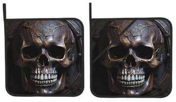 copper-colored skull Square Insulated Pot Holders (Set of 2) Heat-Resistant Oven Gloves Non-Slip Easy-Clean Microwave Mitts for Baking and Grilling