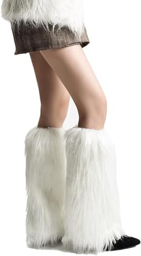 Andiwa Beinwärmer Aus Kunstfell Beinwärmer Damen Kunstpelz Stulpen Damen 80er Jahre Accessoires Bein Stulpen Neon Für 80s Motto Party Fasching Karneval Tanzen Aerobic Kostüm Accessoires (Weiß, 40CM)