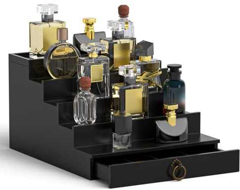 LOYUDEQIU Cologne Organizer for Men - 5-Tier Perfume Display Stand with Drawer, Premium Black Wood Storage for Fragrance Collection