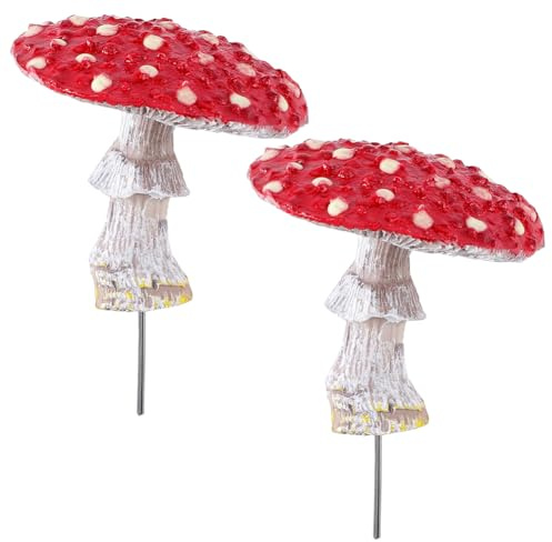 GORGECRAFT 2 Stück Rote Pilz Gartendekoration Im Dunkeln Leuchtende Pilze Realistische Mini Pilzstatue Aus Kunstharz Feengarten Zubehör Für Rasen Blumentopf Terrasse Mikro Landschaftsdekor