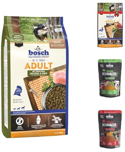 bosch HPC Adult mit frischem Geflügel & Hirse +HPC Adult mit Ente & Reis 3kg + Freshe Schnauze Pute mit Quinoa und Spinat + Freshe Schnauze Rind mit Hirse und Rote Bete 250 g Hundenassfutter & trocken