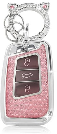 ZVRSUA Coque de Clé de Voiture pour VW,Accessoire Voiture Compatible avec VW Volkswagen Golf 7 Tiguan T-ROC T-Cross Polo Seat Ateca Ibiza Leon Skoda Octavia Fabia Kamiq,Keyless,Smart Key (Rose)