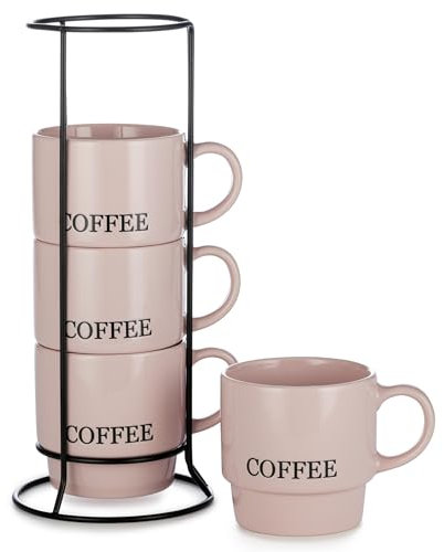 Signature Housewares Lot de 4 tasses à café empilables avec support en métal, 445 ml, rose