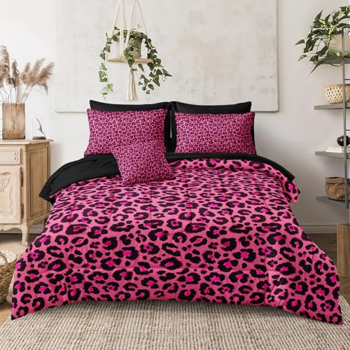 Bettwäsche-Set mit Leopardenmuster, Queen-Size-Bett, Schwarz und Rosa, 8-teilig, Hot Pink, Gepard, Tierdruck, Textur, Wildleopard, Bett in einer Tasche mit Bettdecke und Bettlaken-Set
