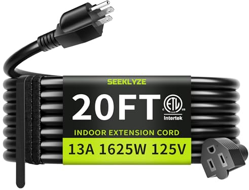 16/3 20ft Black Extension Cord Indoor Extension Cord for Laptops, Coffee Maker, Office Appliances, Flexible 3 Prong Heavy Duty Cord, 13A, 125V, 1625W ETL