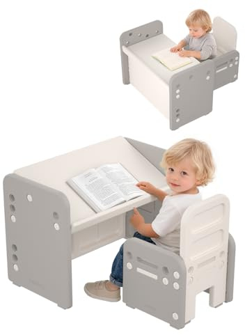 Hominewti Table Enfant avec Chaise, Ensemble Table et Chaises pour Enfants Réglables en Hauteur, Bureau Convertible, Multifonctions pour Lire, Écrire, Dessiner et Manger, Gris