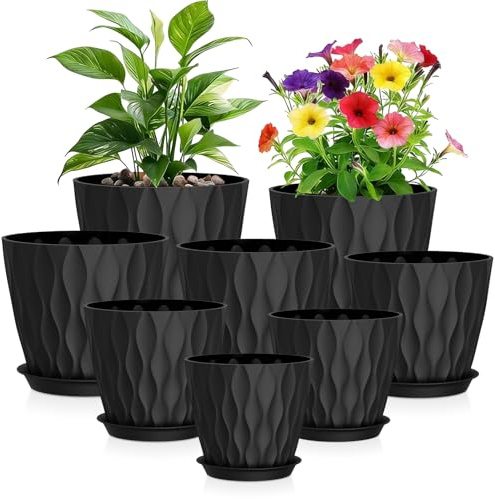 WSMKSZ 8 Pack Plant Pots Indoor Outdoor, 20 to 10cm Flower Pots Set, Black | Decorative Plastic Planter Pots for House Plants with Saucers & Drainage Holes, 3D Modern Wave Texture, Various Sizes