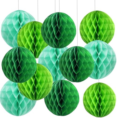 We Moment Zone 12pcs Green Paper Honeycomb Balls,Hanging Tissue Pom poms for Green Wedding Birthday Party Decoration,6inch&10inch