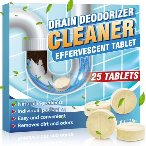 Smelly Drain Cleaner Tablets, 25 Pack Effervescent Drain Freshener Tablets for Smelly Sinks, Sewer, Toilet and Septic Tank, Helps Eliminate Odors, Non-Corrosive Formula, 1 Year Supply