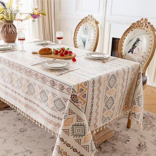 hometrixx Boho Tischdecke Geometrisches Wachstuchtischdecke Rechteckig Tischtuch mit Quasten Wasserdicht Schmutzabweisend für Esstisch Küche Feiern 140x180 cm Braun