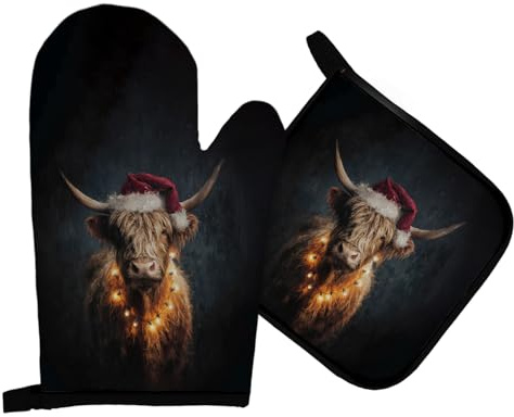 Qeheb Highland Cow Christmas Oven Mitts and Pot Holders Sets, Dark Moody Western Cattle Christmas Oven Mitts, Highland Cow Gifts for Women Over Mittens for Kitchen Decor, Xmas Over Gloves Gifts