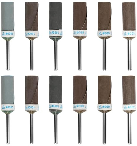 12Pcs Sanding Drums for Dremel Rotary Tool 400 600 800 1000 1500 2000 Grit | Sanding Bits Kit Sandpaper Sticks Set with 1/8 Shank for Wood Metal Jade Glass Jewelry Ceramic Grinding Polishing Deburring