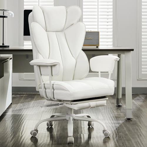 LukkDys Executive Ergonomic Office Chair with Footrest, PU Leather High Back Desk Chair with Headrest & Lumbar Support, 90-135° Reclining Comfy Wide Seat Computer Chair for Big & Tall, White