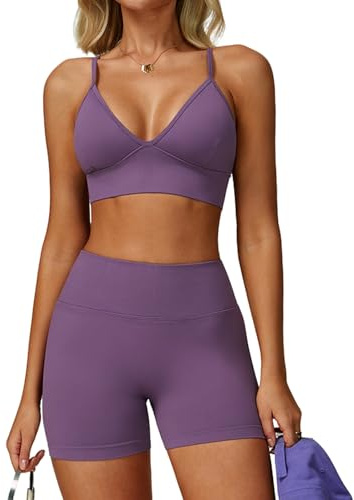 JTSONN Sportivo Set Donna Palestra Costine Outfit Set Yoga Spalline Allenamento Fitness Abbigliamento Reggiseno Scollo a V Schiena Scoperta Abbinato Pantaloncini Scrunch Abbigliamento Senza Cuciture