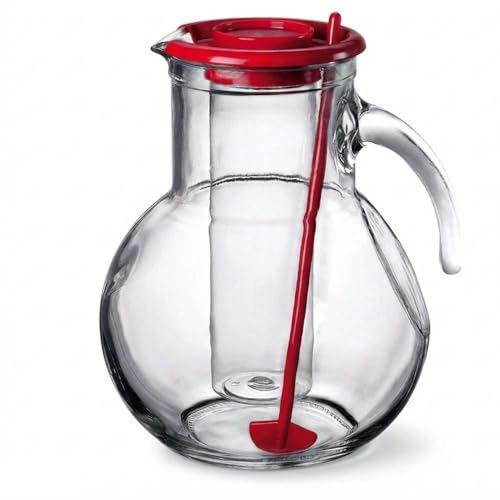 Caraffa in Vetro 2 Litri con Portaghiaccio Interno e Cucchiaio Mescolatore Brocca Refrigerante per Cocktail Sangria e Bevande Fredde Tappo Rosso Design Tondeggiante (1 brocca 2LT tappo rosso)