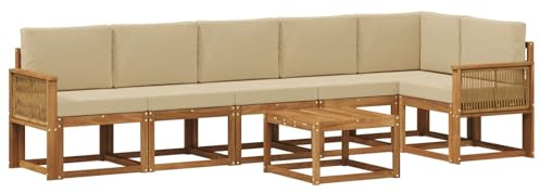 vidaXL Outdoor-Sofagarnitur mit Kissen 7 pcs Natur und Beige Polyester, Modernes Garten-Sofa Set, wetterfestes Möbel, Sektional für die Terrasse, Akazienholz, Entspannung im Freien