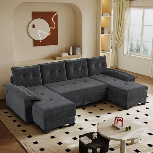 Luscriate U-Form Sofa mit Bettfunktion, Ausziehbares Schlafsofa mit U-S-B-Ladeanschluss, Modulare Wohnlandschaft aus Chenille, Couch mit 4 Kissen für Wohnzimmer & Apartment, Grau (Grey, 5-Sitzer)