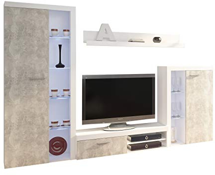 Wohnwand Rango, Design Wohnzimmer Set, Modernes Anbauwand, Schrankwand, Vitrine, TV Lowboard, Mediawand, (mit Beleuchtung, Weiß/Beton Hell)