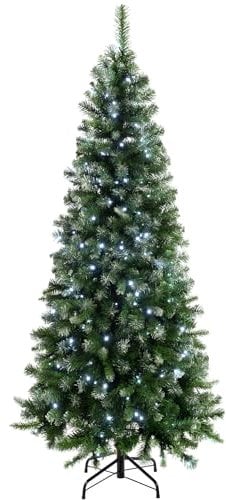 WeRChristmas Pre-Lit Slim Frosted Christmas Tree with 200 White LED Lights, 6 ft/1.8 m, Green