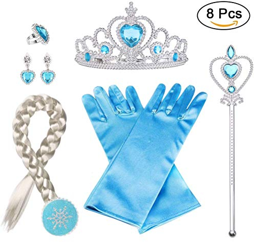 Vicloon Princesse Accessoires Filles, 7pcs Princesse Accessoires pour Costume d'Elsa avec Tresse/Boucles d'oreilles/Gants/Diadème/Baguette Magique pour Cosplay Noël Fête Party d'anniversaire,3-10 Ans