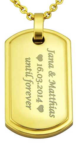 Hanessa Personalisierte Kette mit Gravur Edelstahl 50 cm mit Anhänger Dog Tag Erkennungsmarke in gold - Personalisierte Halskette für Männer und Frauen - Personalisierter Schmuck Damen Herren
