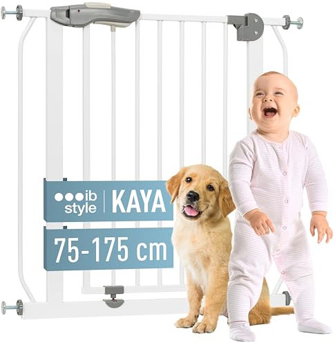 ib style Kaya Treppenschutzgitter für Babys 75-175 cm Türschutzgitter ohne Bohren Hundegitter Klemmgitter aus Metall Weiß Grau 120-130 cm